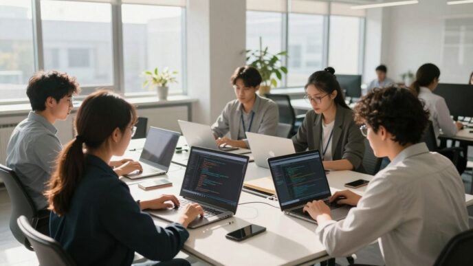 Team collaborating on SaaS development in a modern office.