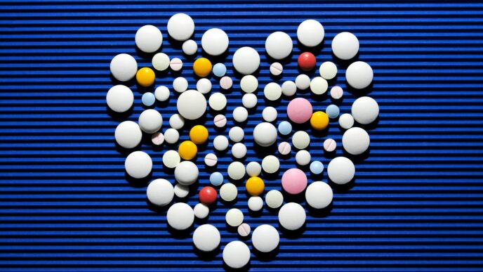 A heart made out of pills on a blue background
