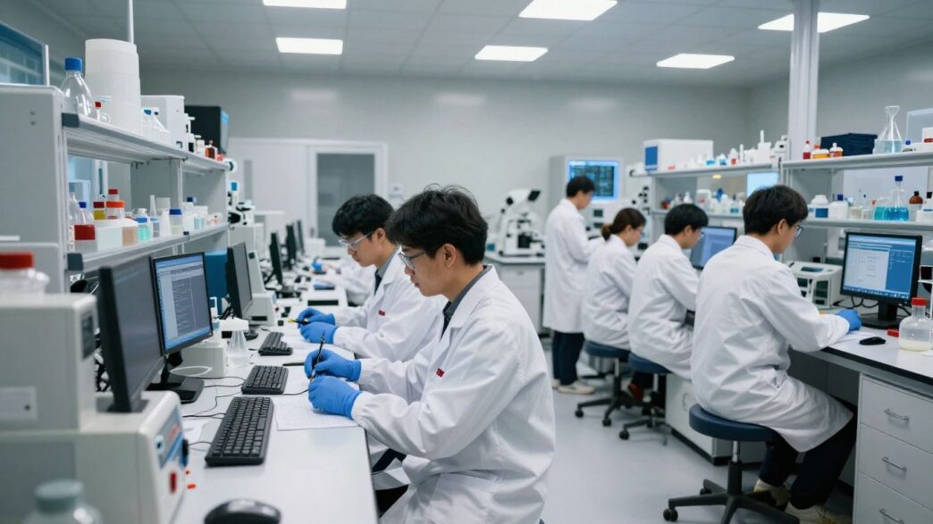 Scientists working in a modern laboratory with advanced equipment.