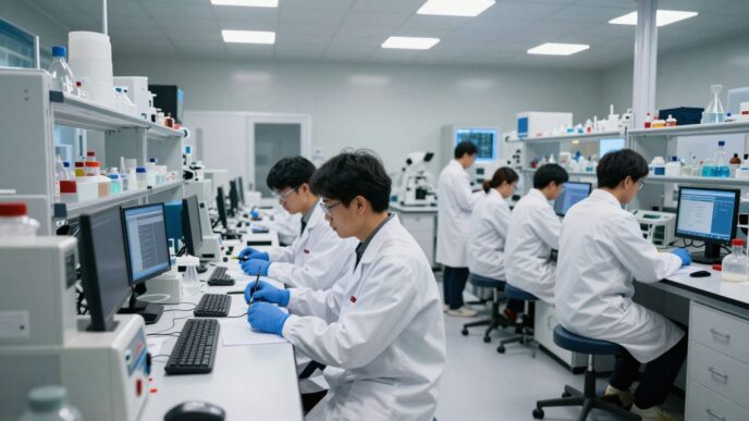 Scientists working in a modern laboratory with advanced equipment.