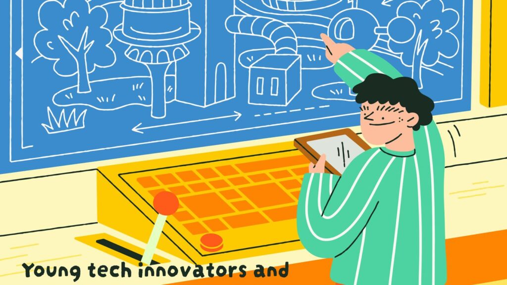 A person standing in front of a blackboard with a drawing on it