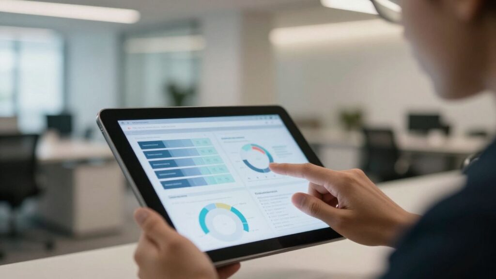 Hand using tablet in modern office setting.