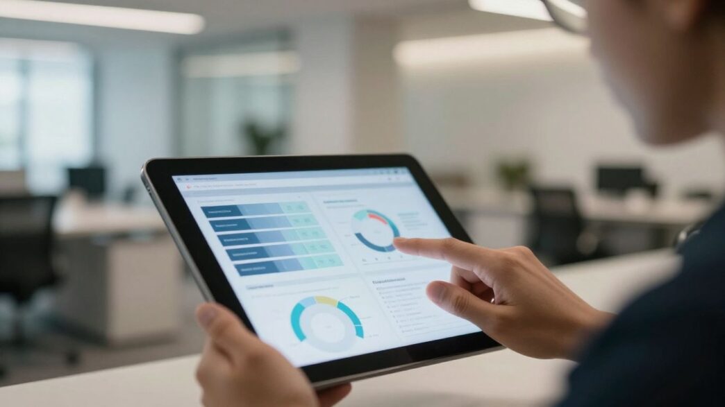 Hand using tablet in modern office setting.