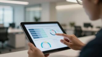 Hand using tablet in modern office setting.