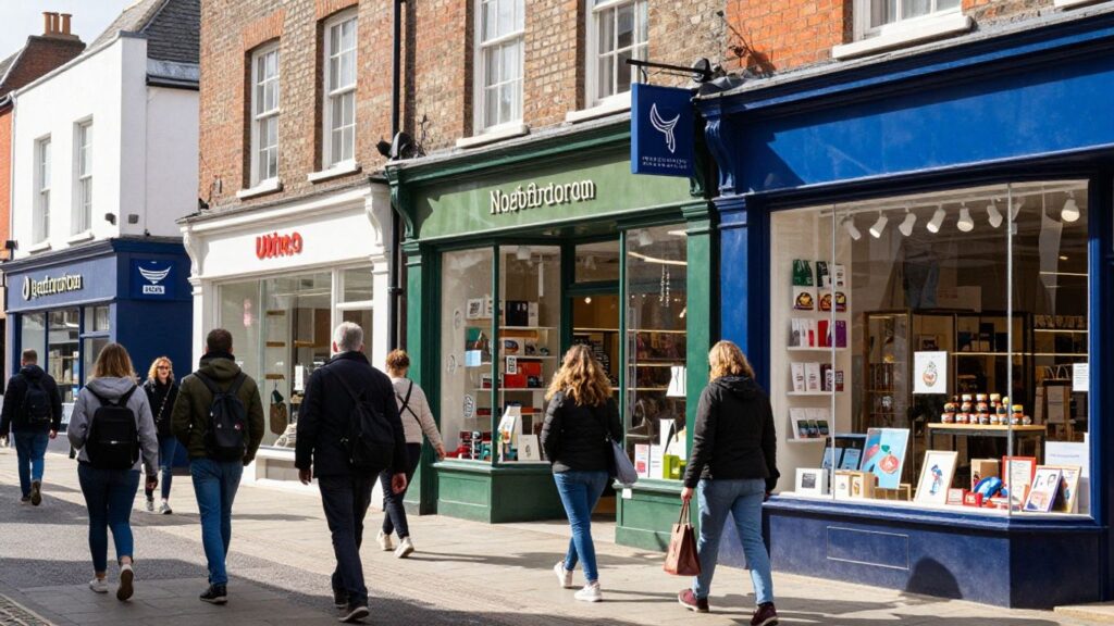 UK high street with shoppers buying products.