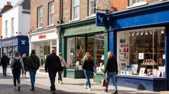 UK high street with shoppers buying products.