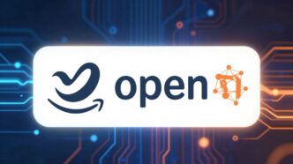 Amazon and OpenAI logos merging, digital background.