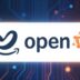 Amazon and OpenAI logos merging, digital background.