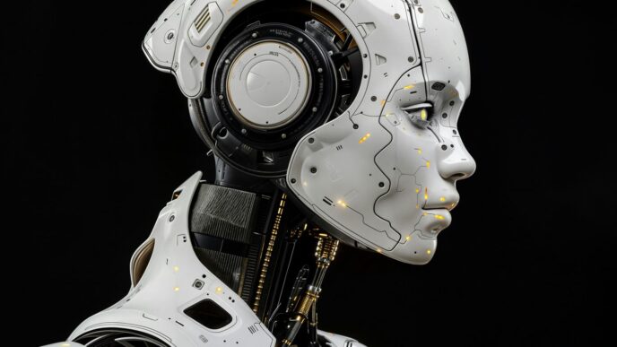 A white robot is standing in front of a black background