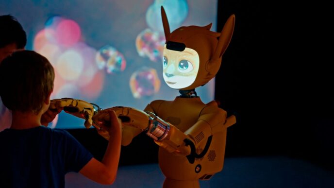 Child and robot interacting with projected bubbles