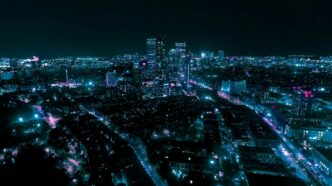 an aerial view of a city at night