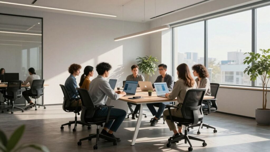 AI startup team collaborating in a modern office.