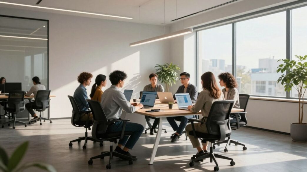 AI startup team collaborating in a modern office.