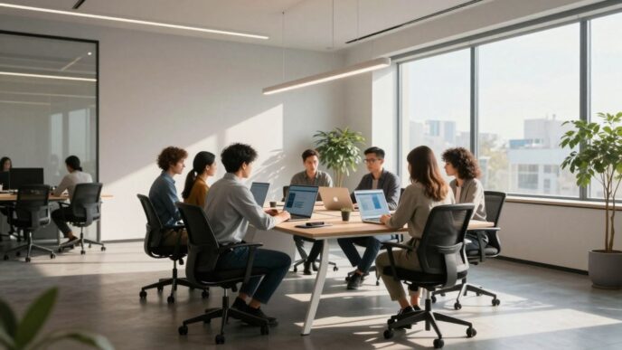 AI startup team collaborating in a modern office.