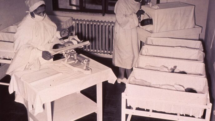 a black and white photo of nurses in a hospital