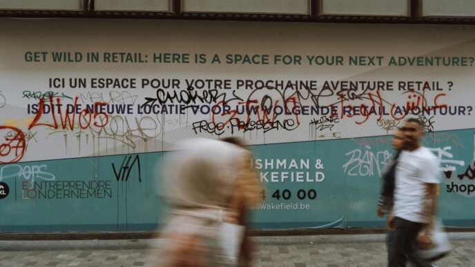 Graffiti covers a retail advertisement billboard.