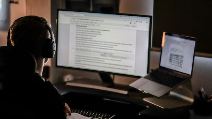 man using laptop computer and headphones