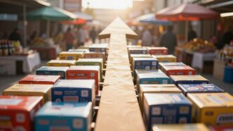 Product sales arrow rising above product boxes.