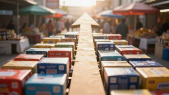 Product sales arrow rising above product boxes.