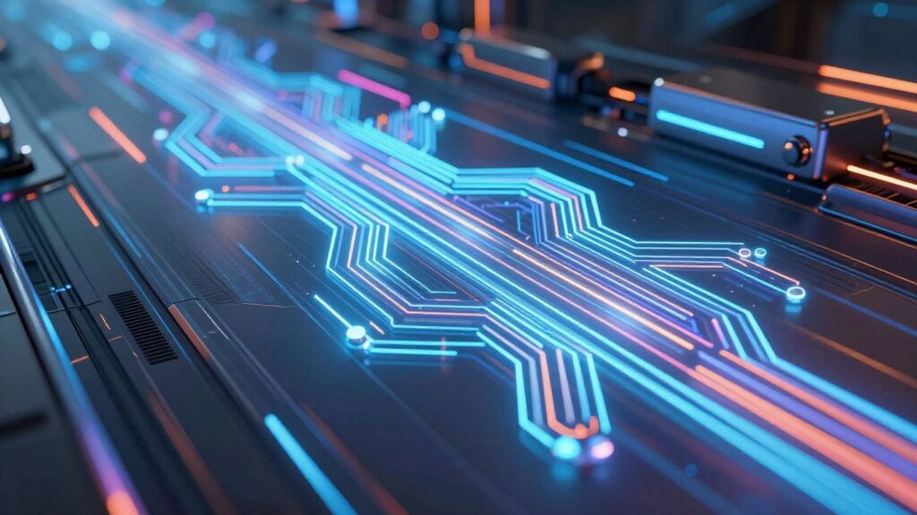 Futuristic technology and innovation with glowing circuits.