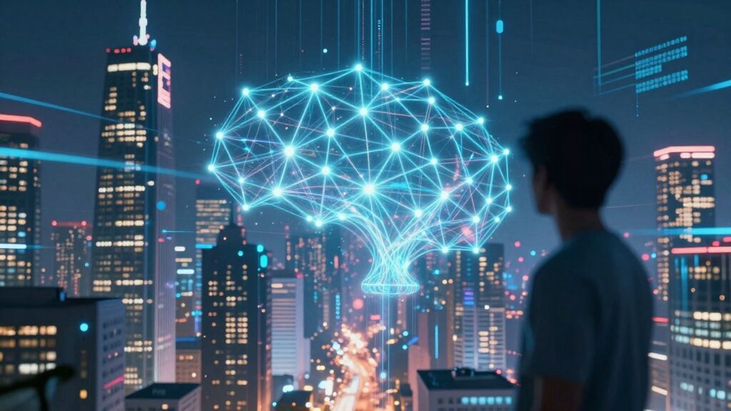 Futuristic cityscape with glowing AI neural network patterns.