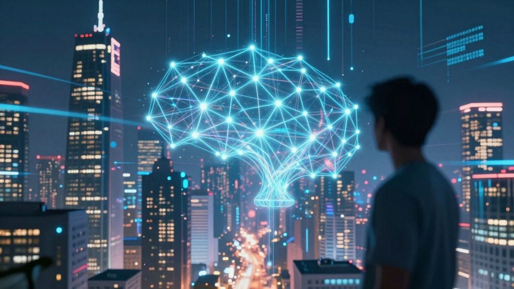 Futuristic cityscape with glowing AI neural network patterns.