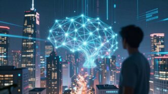 Futuristic cityscape with glowing AI neural network patterns.