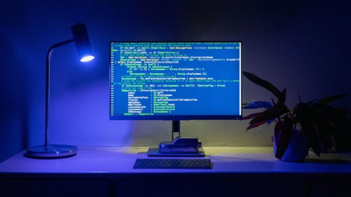 Code appears on a computer screen.