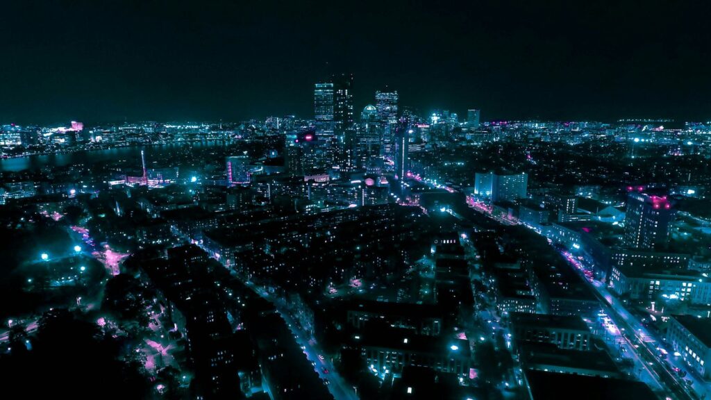 an aerial view of a city at night