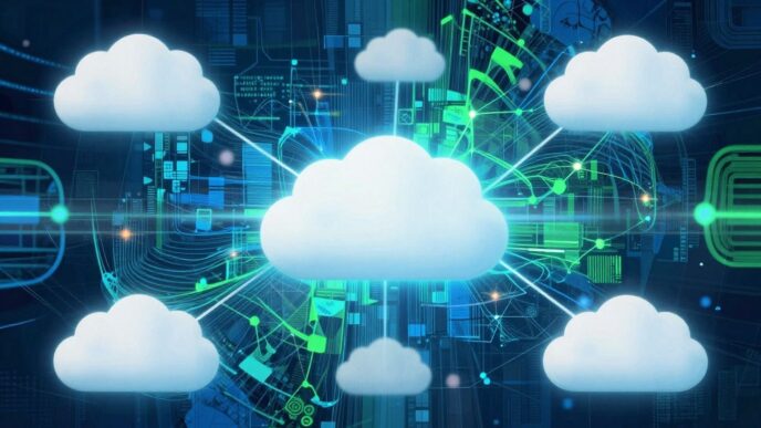 Salesforce cloud icons and network patterns.