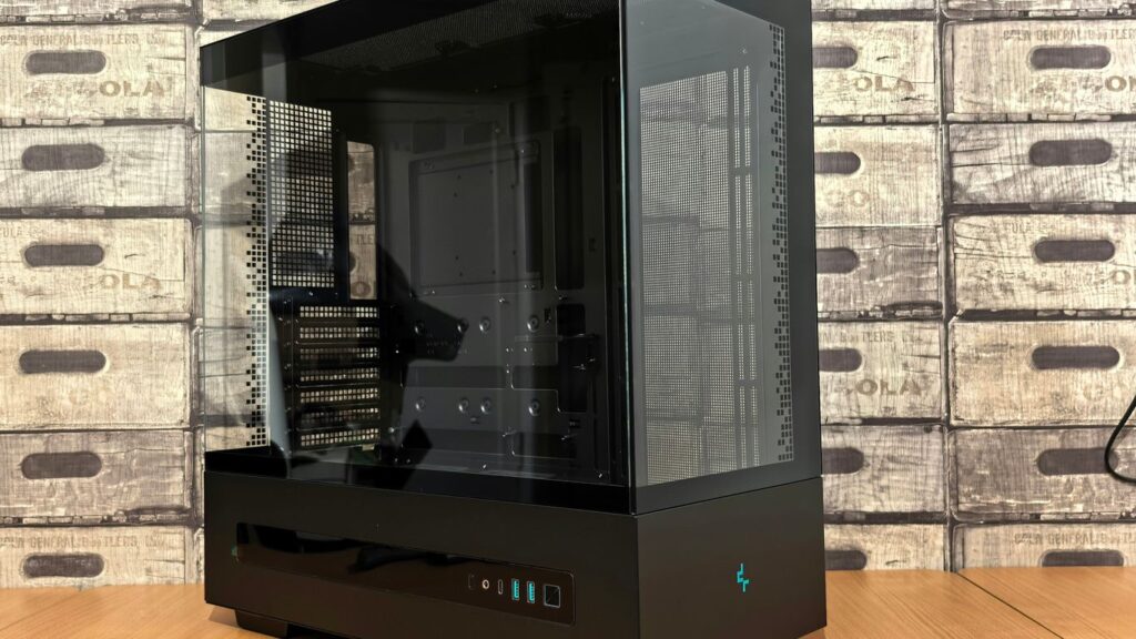 Modern black computer tower with glass panels