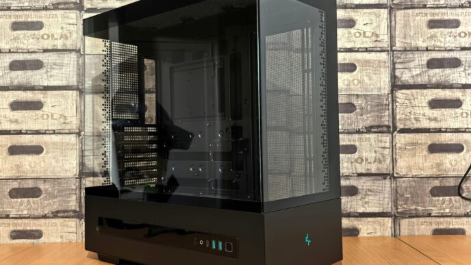 Modern black computer tower with glass panels