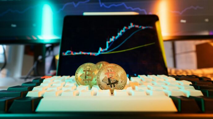 Bitcoin coins rest on a keyboard with stock charts.