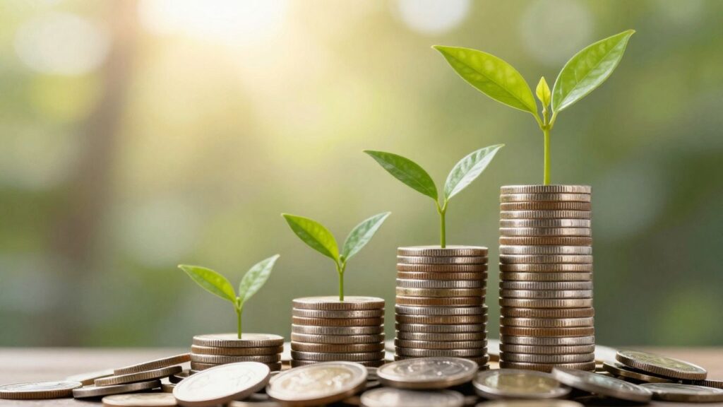 Coins and plant growing upwards
