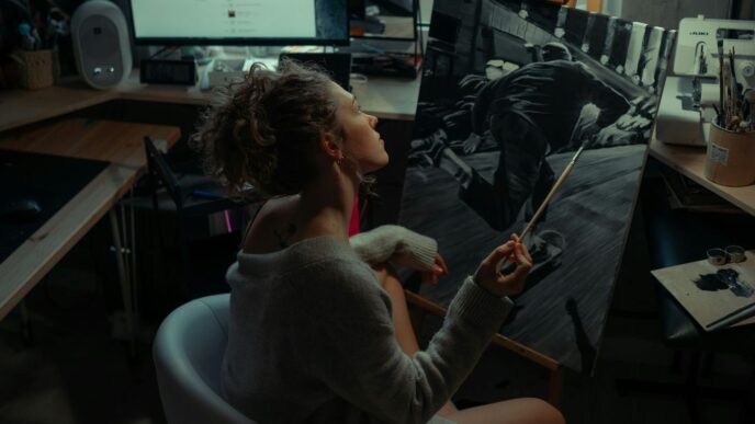 a woman sitting in a chair in front of a painting