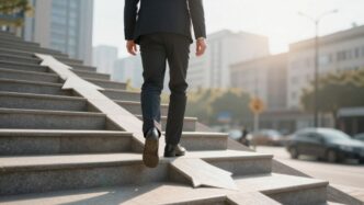 Person climbing stairs made of upward arrows towards success.