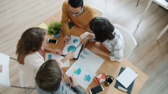 Team collaborating around a table with charts.