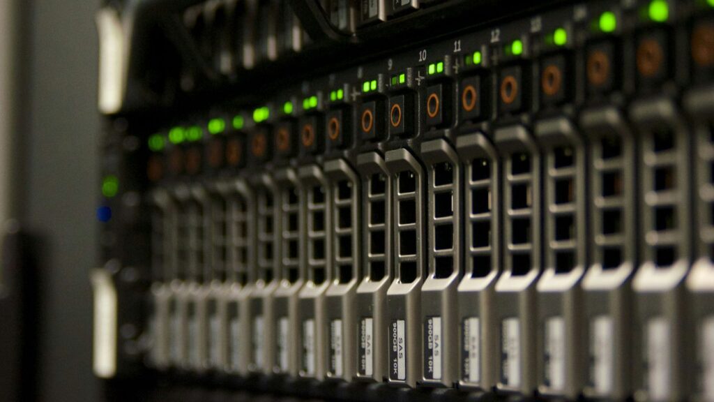 Server rack with blinking green lights