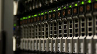 Server rack with blinking green lights