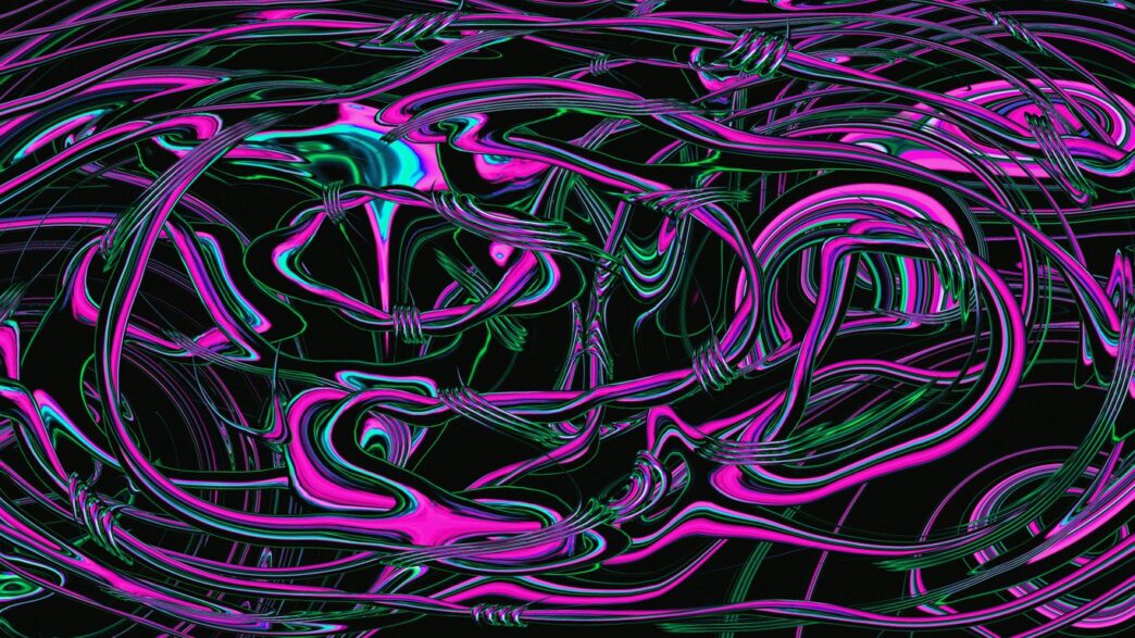 A black background with pink and blue swirls