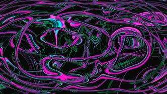 A black background with pink and blue swirls