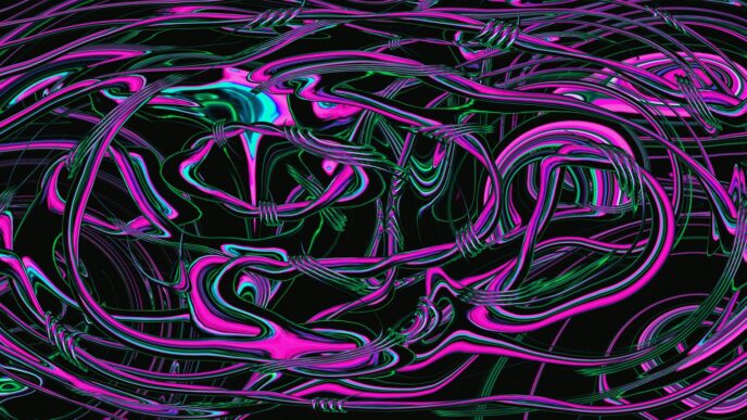 A black background with pink and blue swirls