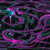 A black background with pink and blue swirls