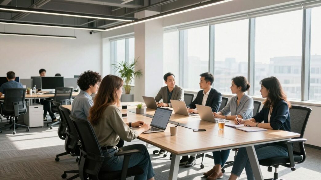 Professionals collaborating in a modern, sunlit office space.