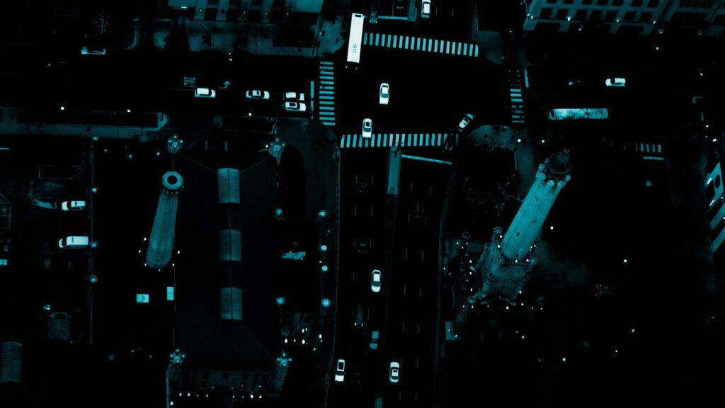 Aerial view of a city street at night