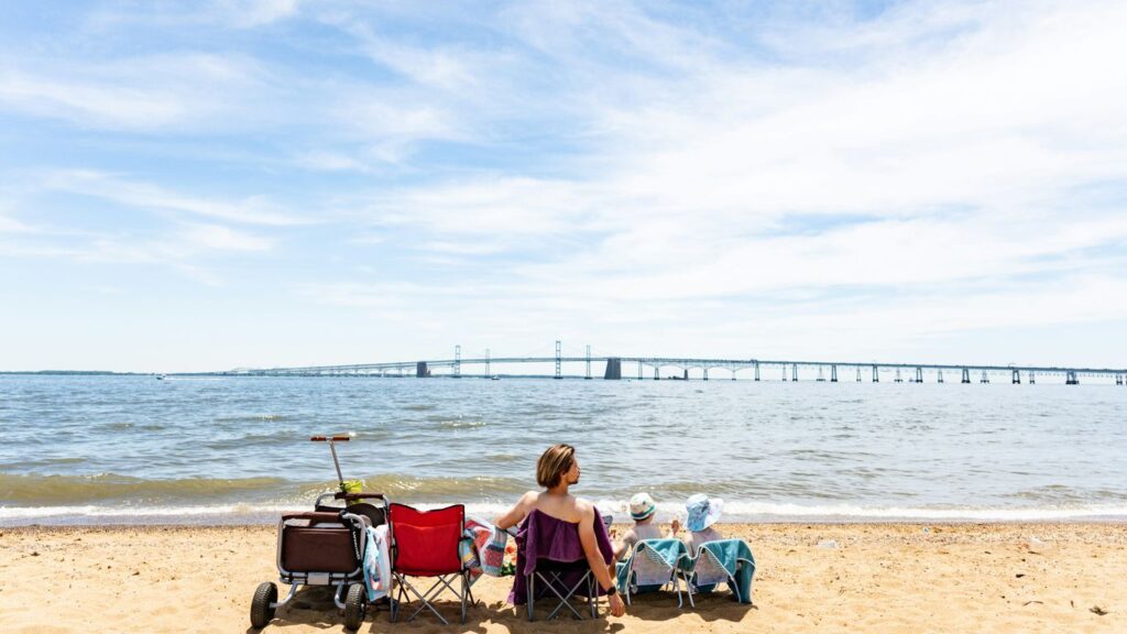 a woman sitting in a chair on the beach