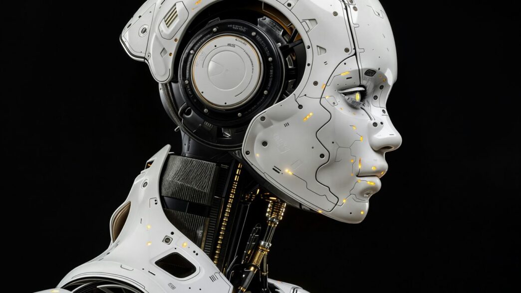 A white robot is standing in front of a black background