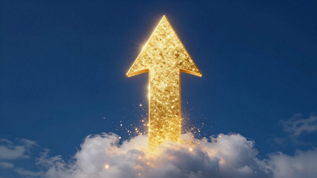 Golden arrow rising through clouds, indicating sales growth.