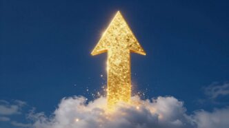 Golden arrow rising through clouds, indicating sales growth.