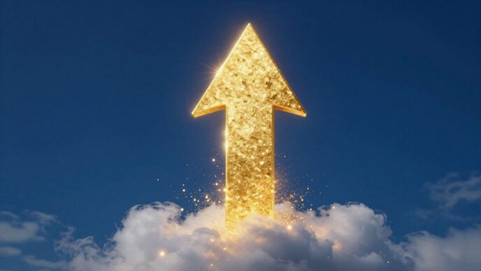 Golden arrow rising through clouds, indicating sales growth.